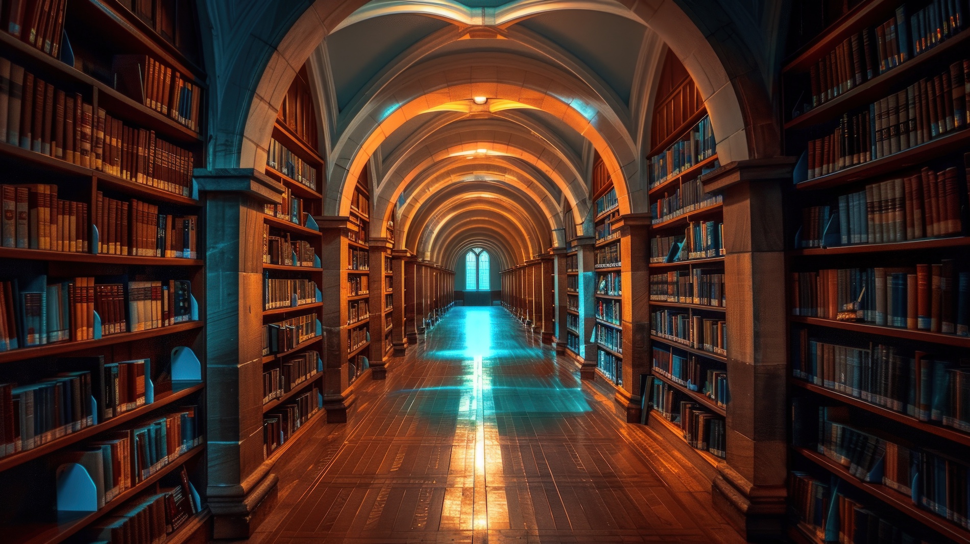 Grand intérieur de bibliothèque avec plafond voûté et étagères de livres