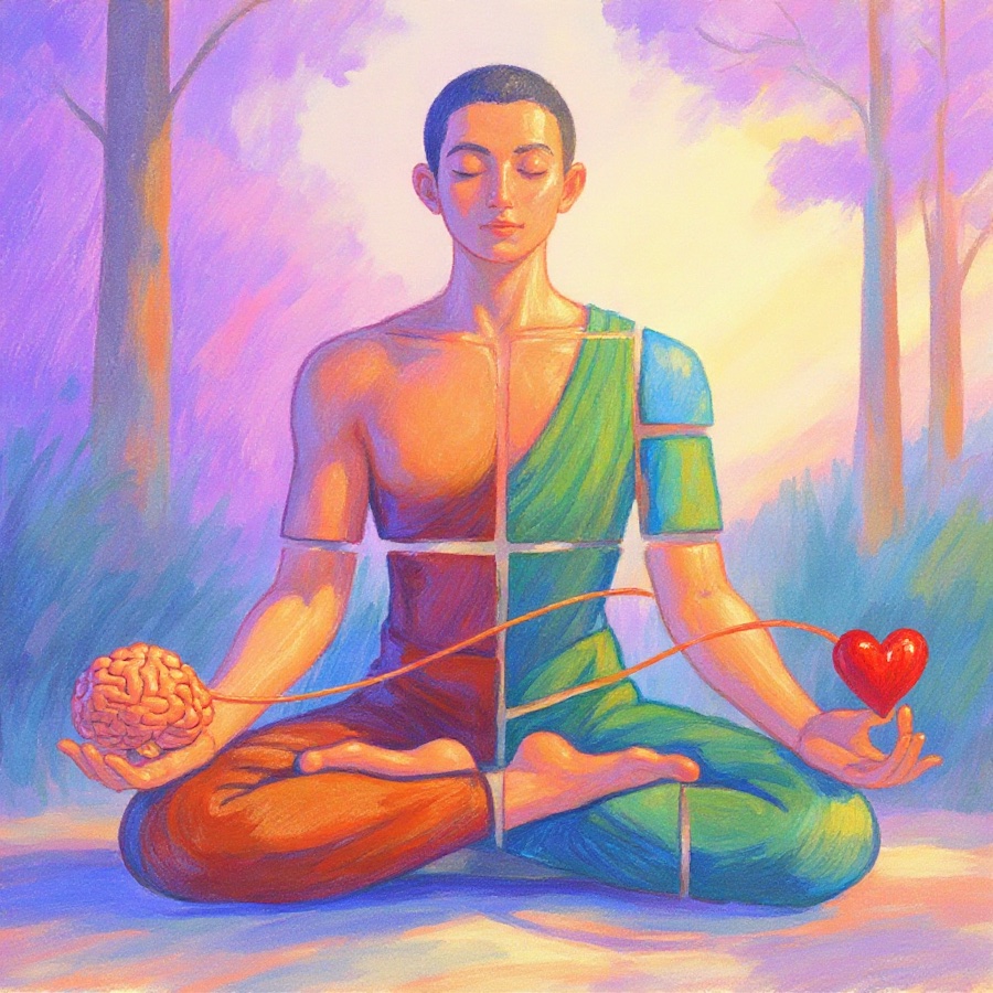 Personne en m&eacute;ditation &eacute;quilibrant cerveau et c&oelig;ur.